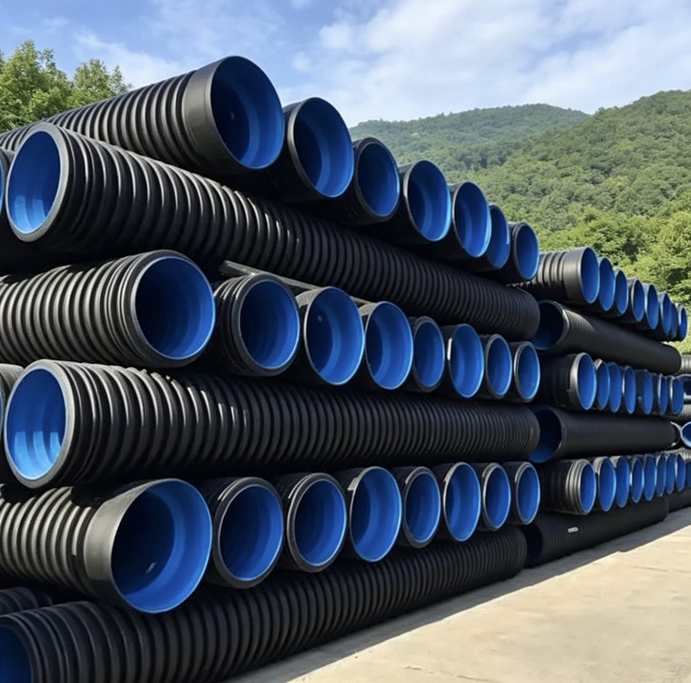 HDPE double wall corrugated pipe for drainage and sewer systems.